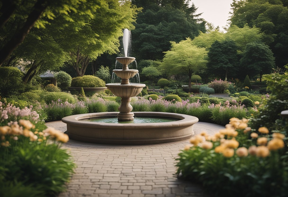A lush garden with winding pathways, blooming flower beds, and a bubbling fountain surrounded by cozy seating areas