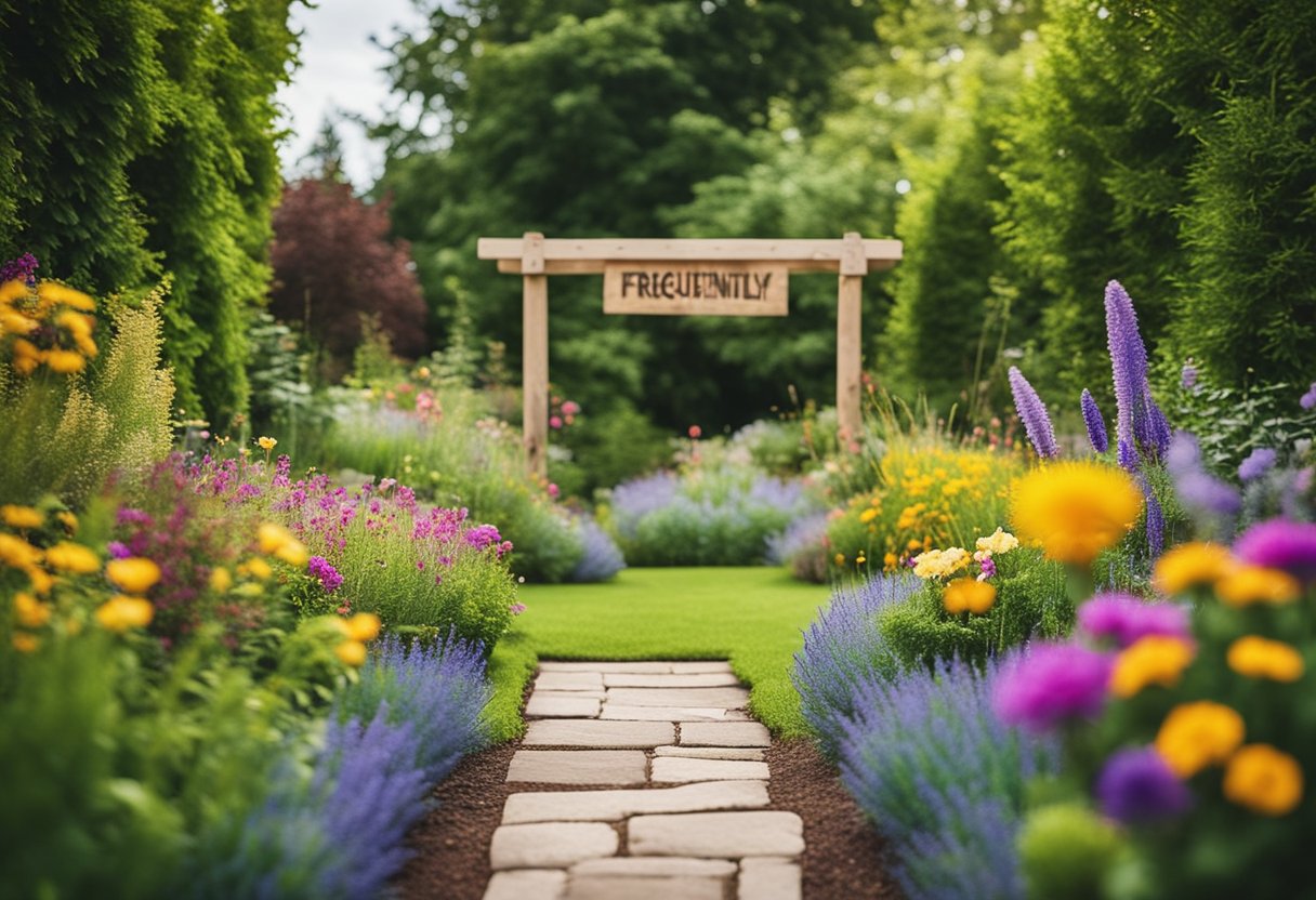 A colorful garden with various plants and flowers, a pathway leading to a cozy seating area, and a sign displaying "Frequently Asked Questions garden renovation ideas."