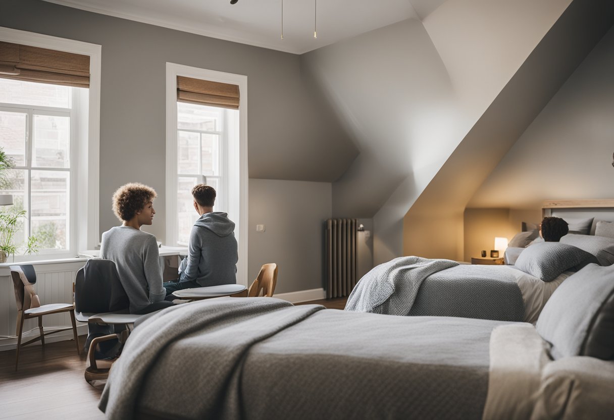 A cozy bedroom with three beds, new paint, and modern furniture. A contractor measures the space, while a homeowner looks at renovation costs