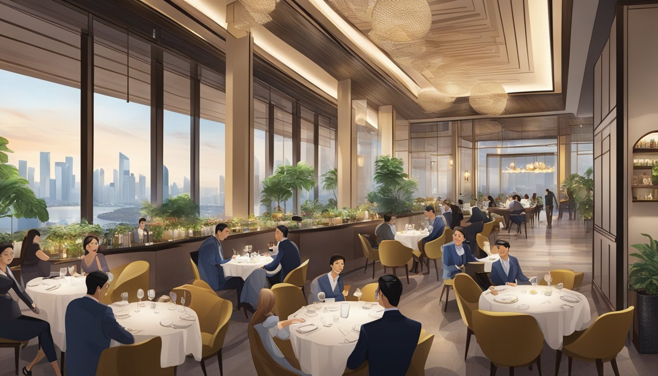The bustling interior of Skai restaurant in Singapore, with elegant decor and panoramic city views, as patrons ask questions at the front desk