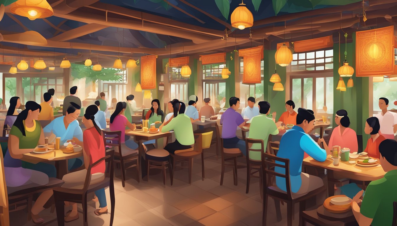 A bustling siam thai restaurant with colorful decor, steaming dishes, and lively conversations