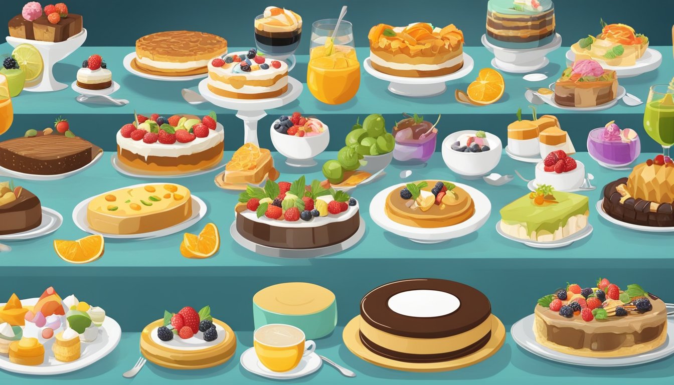 A colorful array of dishes and desserts displayed on the buffet tables in the restaurant