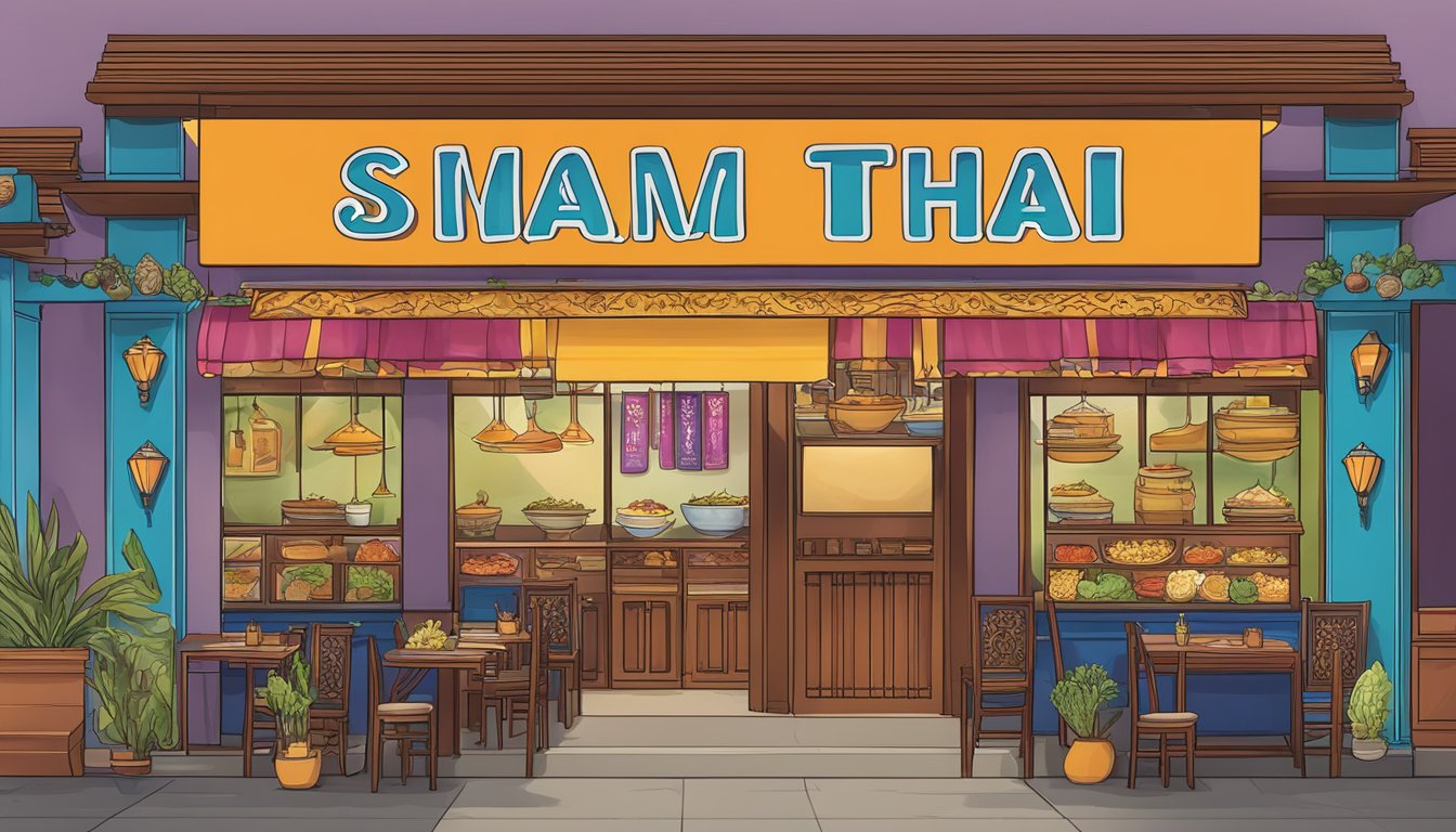 A colorful menu board hangs above the entrance of Siam Thai Restaurant, showcasing a variety of traditional Thai dishes and specialties