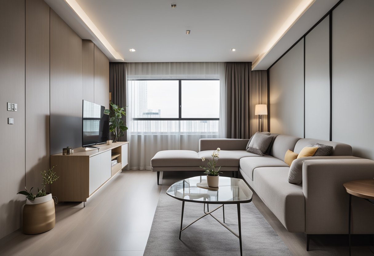 A modern and functional 4-room HDB with stylish furnishings, sleek built-in storage, and a neutral color palette for a clean and contemporary look
