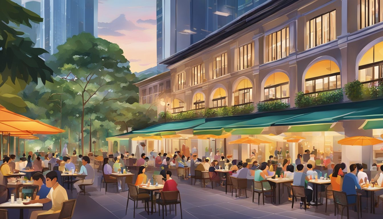 The bustling city hall restaurants in Singapore are filled with colorful outdoor dining areas and bustling indoor spaces, surrounded by modern skyscrapers and vibrant street life