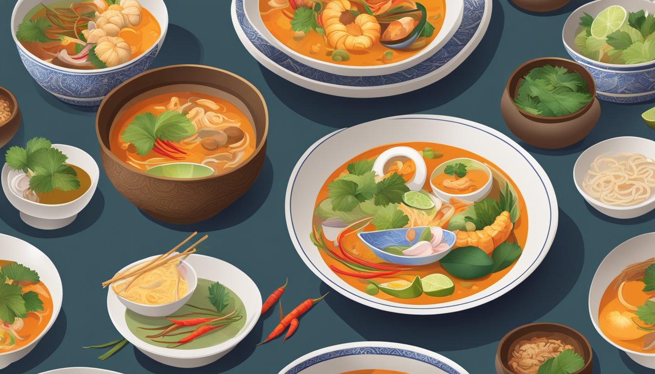 A table set with colorful plates and bowls, surrounded by vibrant decor and traditional Thai artwork. A steaming bowl of Tom Yum soup sits in the center, emitting fragrant aromas