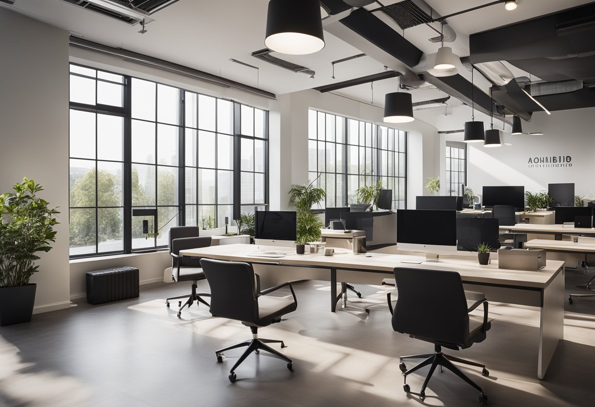 A modern office space with sleek furniture and minimalist decor, large windows letting in natural light, and a logo prominently displayed on the wall
