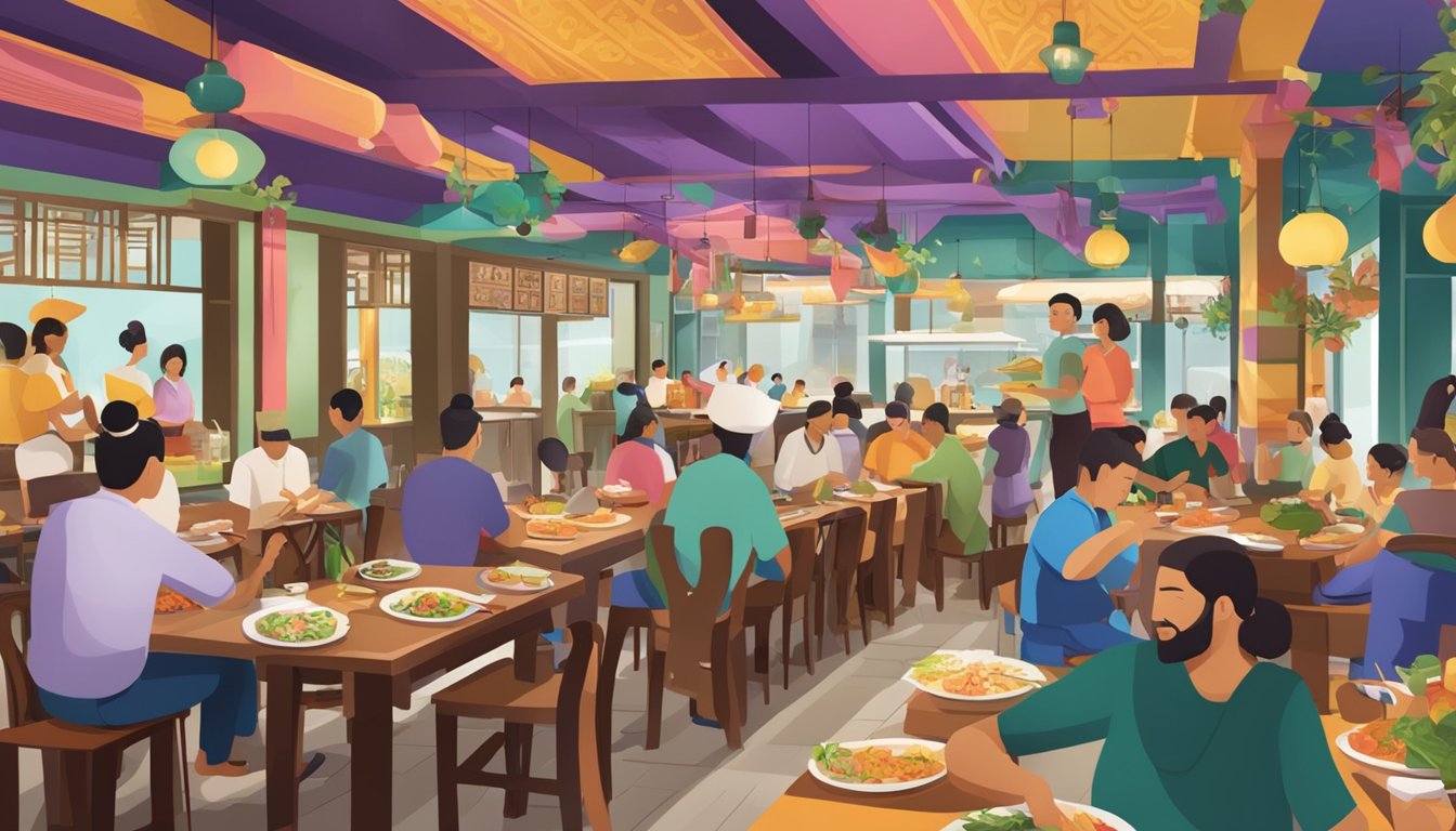 A bustling Thai restaurant with colorful decor, a busy kitchen, and diners enjoying their meals