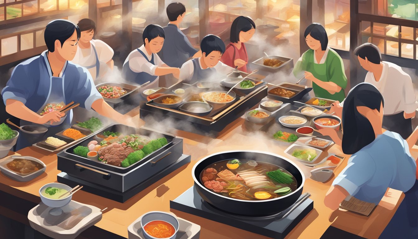 A bustling sukiyaki restaurant with sizzling hot pots, colorful ingredients, and steam rising from the tables