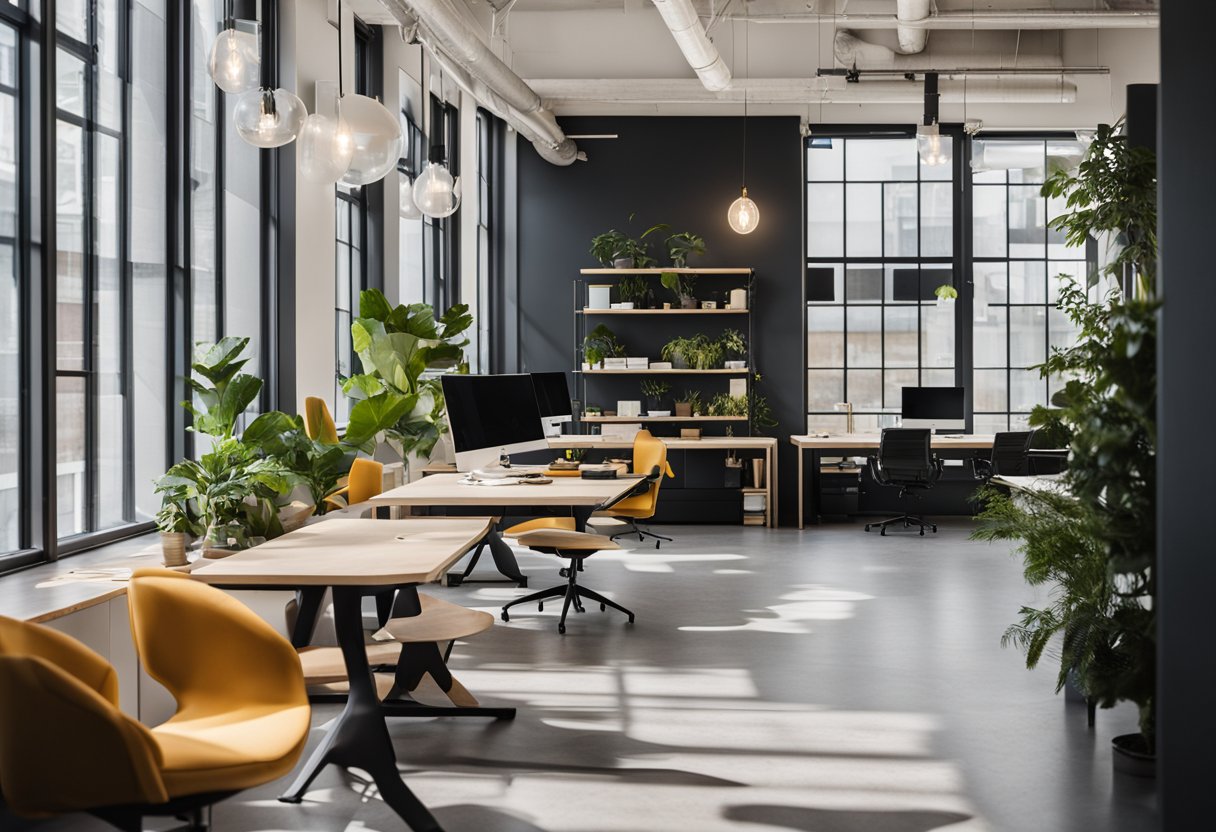 The Evy Design Office is a modern, sleek space with large windows, minimalist furniture, and pops of vibrant color. The room is filled with natural light, creating a welcoming and inspiring atmosphere for creativity