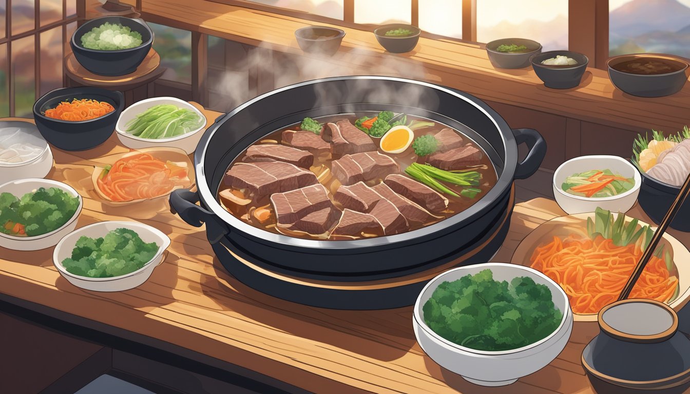 Customers sizzle thinly sliced beef and vegetables in a bubbling hot pot at a traditional sukiyaki restaurant. Steam rises as the savory aroma fills the cozy dining space