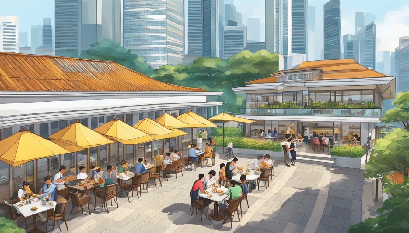 City Hall Restaurants in Singapore bustling with diners, outdoor seating, and a view of the city skyline