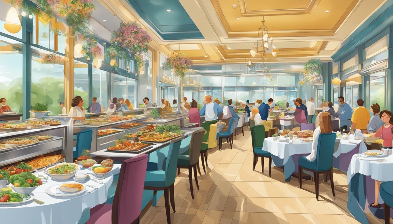 The buffet restaurant buzzes with diners and clinking cutlery. A colorful array of dishes lines the counters, while the aroma of freshly prepared food fills the air