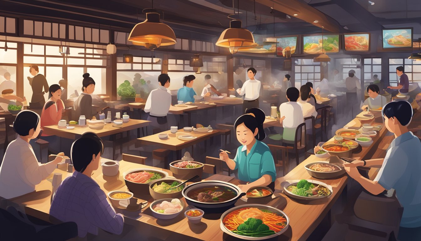 A bustling sukiyaki restaurant with steaming hot pots, sizzling meats, and colorful vegetables on the tables. Customers chat and laugh while enjoying their meals