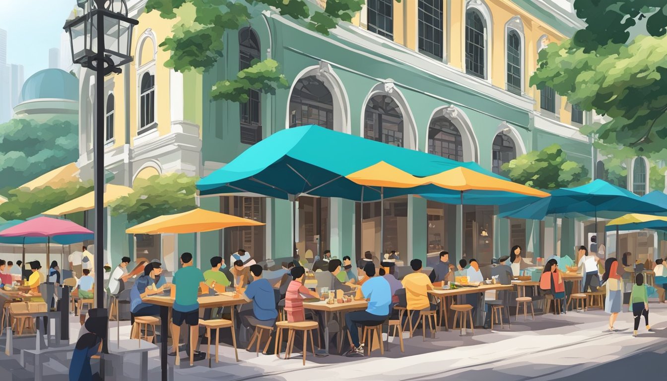 City hall restaurants bustling with diners, colorful street food stalls line the sidewalks, people enjoying casual dining and street eats in Singapore