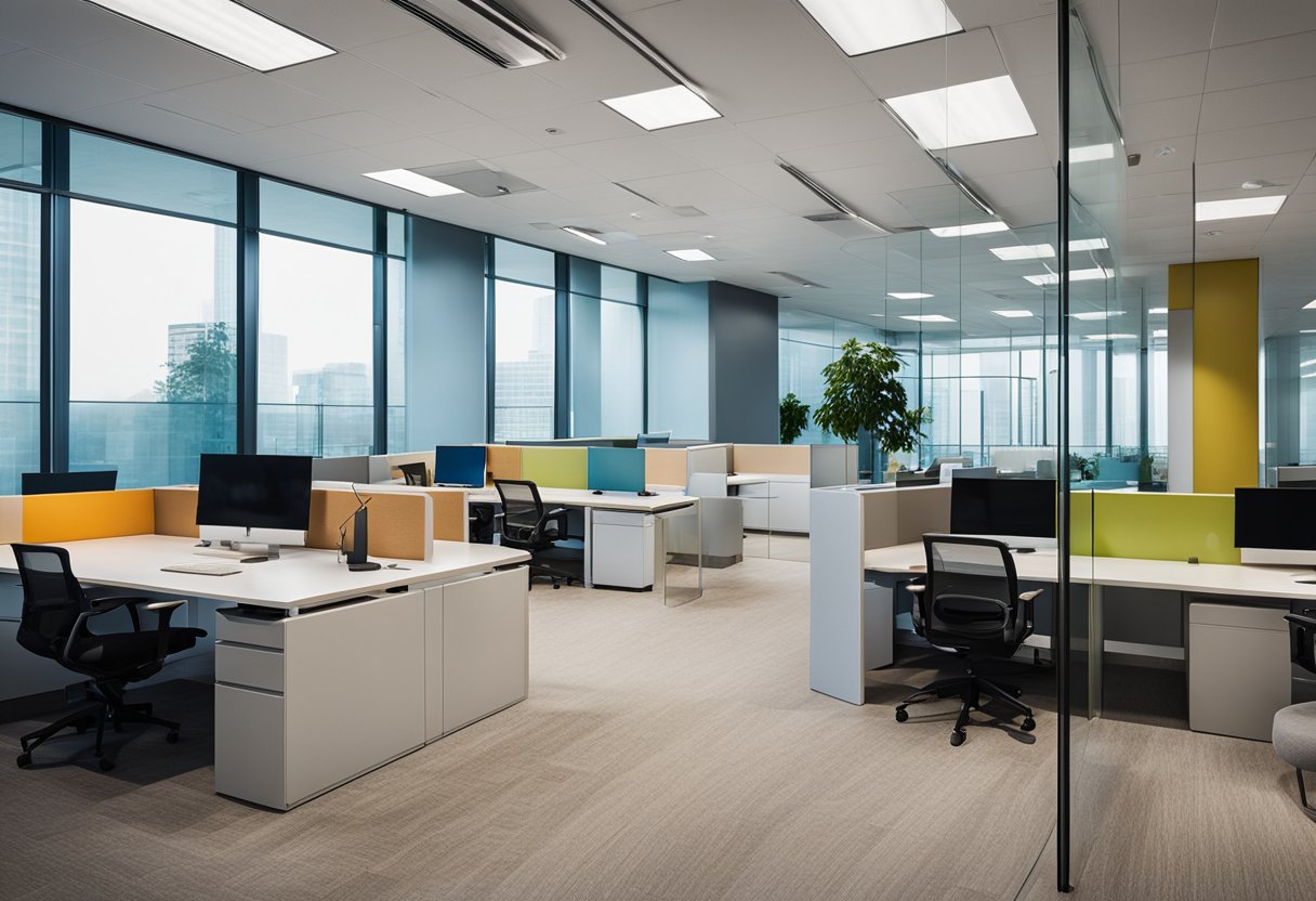 A modern office space with sleek furniture, open floor plan, and vibrant color scheme. Glass partitions and natural lighting create a sense of connectivity and energy