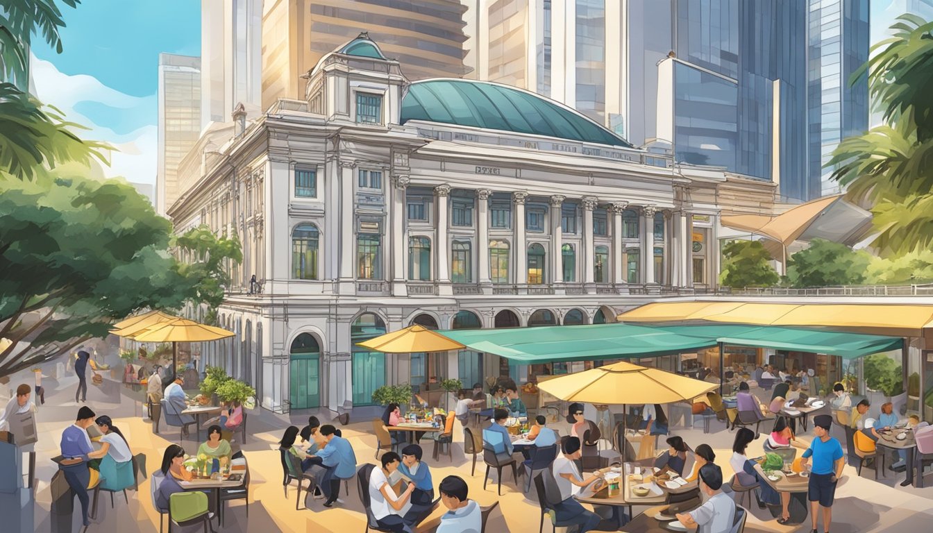City hall restaurants in Singapore bustling with diners, surrounded by modern architecture and vibrant city life