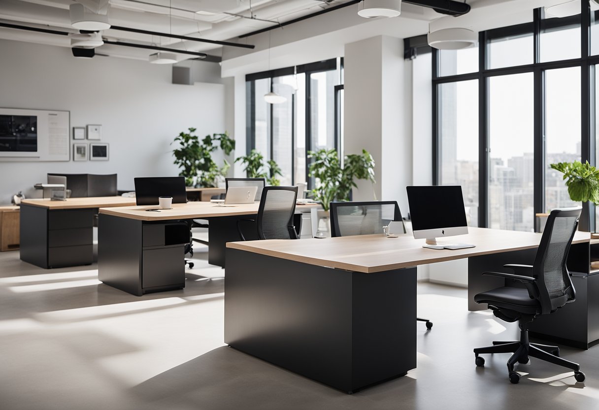 A modern office with open floor plan, natural lighting, and collaborative workspaces. Clean lines, minimalist furniture, and pops of color create a sleek, professional atmosphere