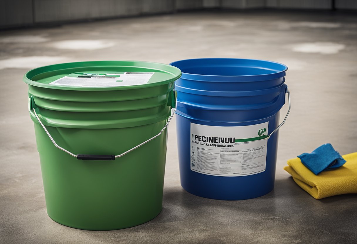 A bucket of acid solution sits next to a freshly renovated surface, ready for application. Tools and protective gear are arranged nearby