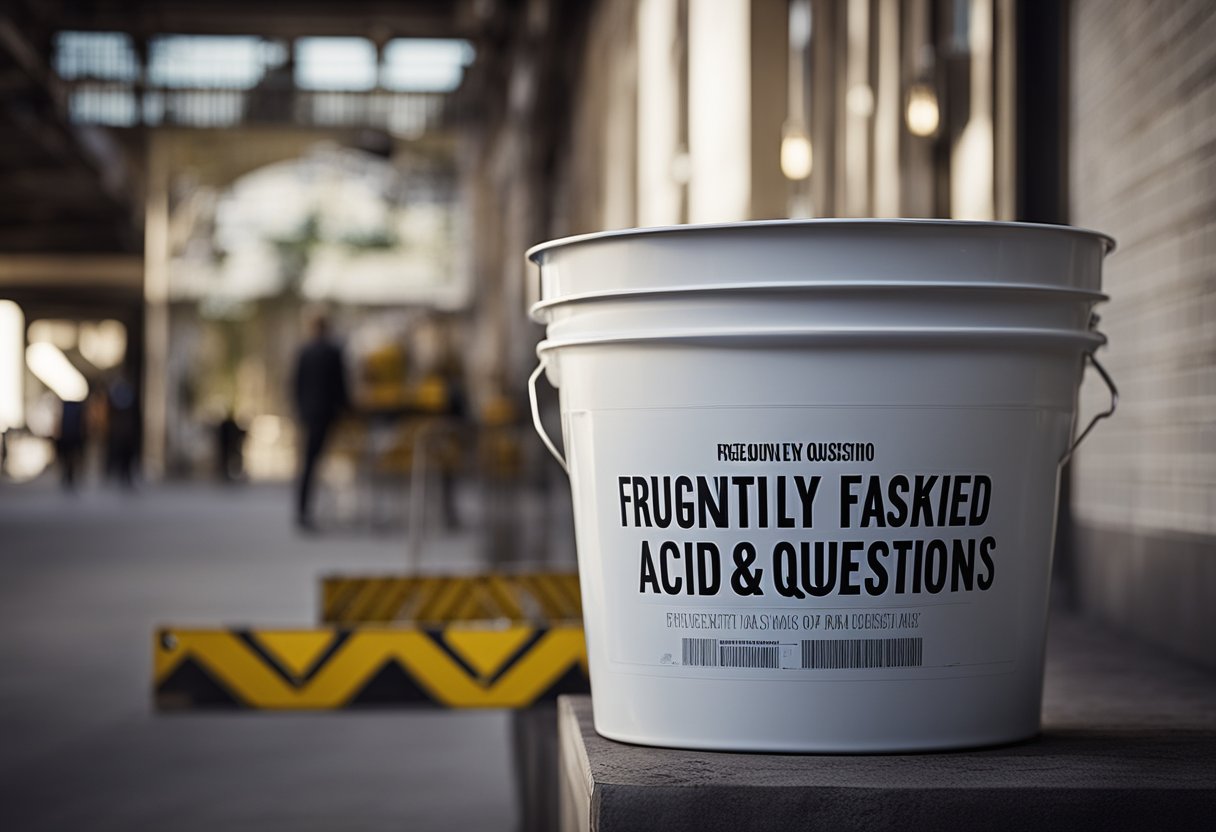 A bucket of acid wash sits next to newly renovated surfaces, with a sign reading "Frequently Asked Questions" nearby