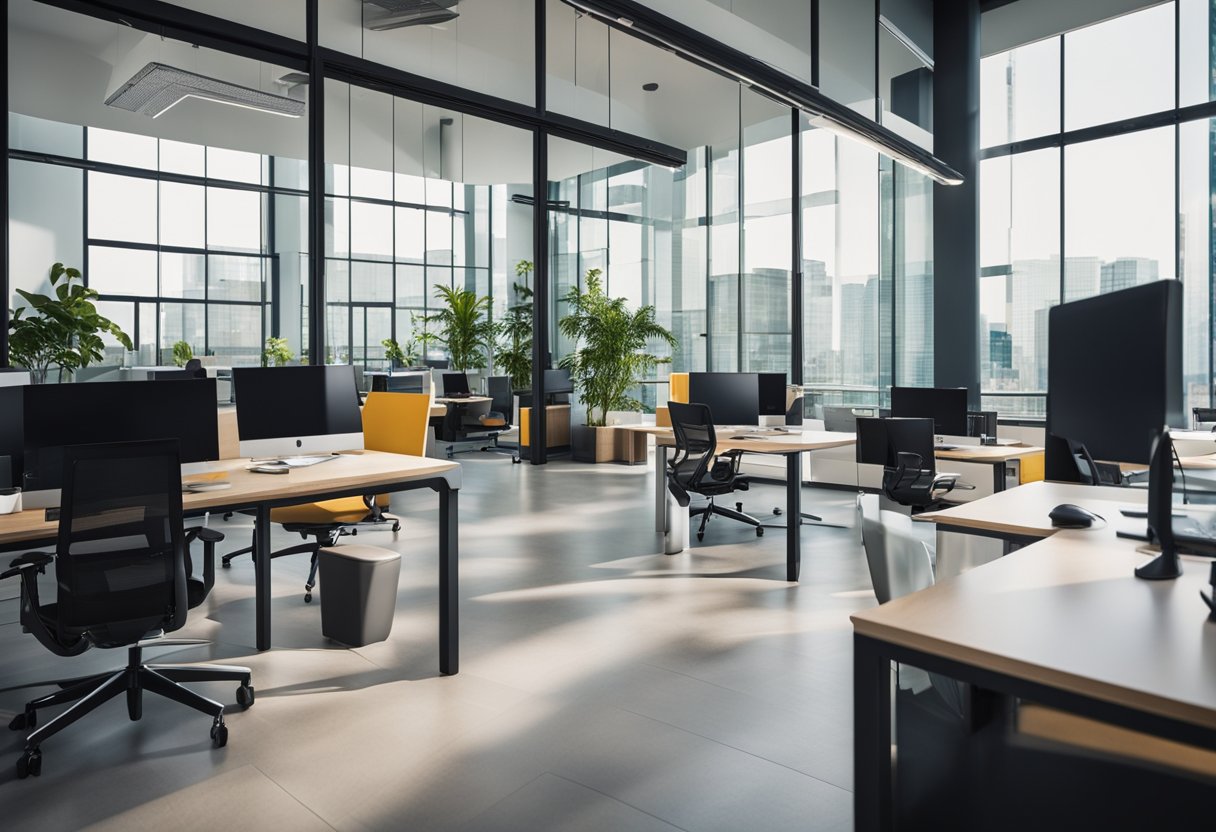 A modern office space with sleek furniture, open layout, and vibrant colors. Glass partitions and natural light create a welcoming and productive environment