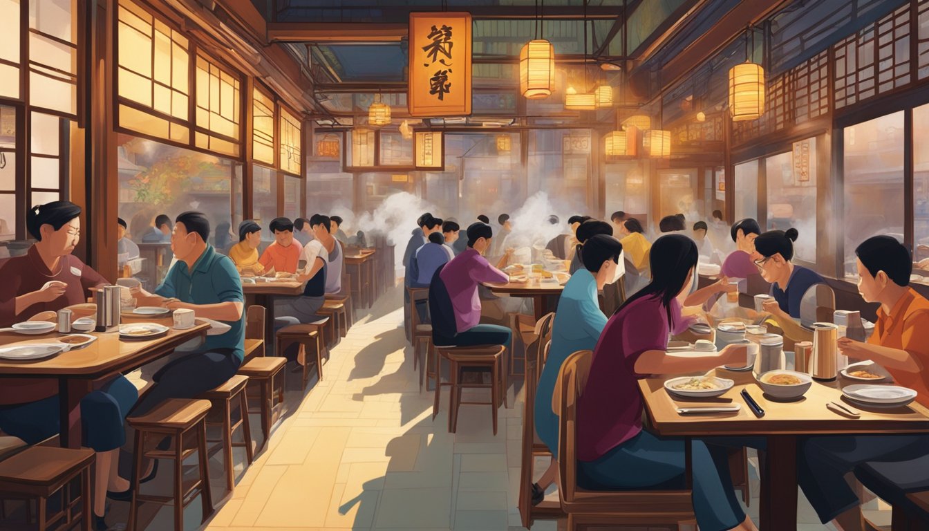 Customers dining at Yat Lok restaurant in Hong Kong's Stanley Street. Steam rising from bowls of noodles, chopsticks resting on the table. Vibrant atmosphere
