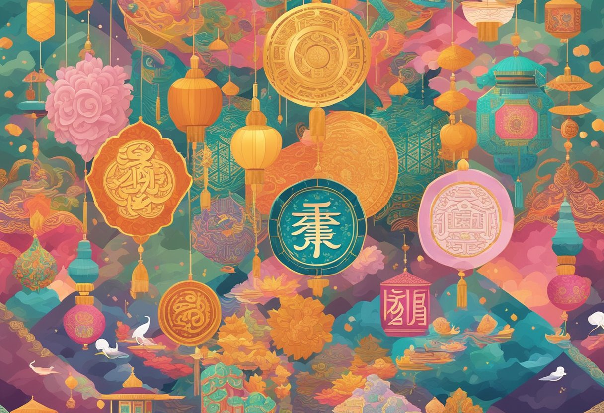 A colorful array of Asian baby names displayed on a vibrant background, surrounded by cultural symbols and traditional motifs