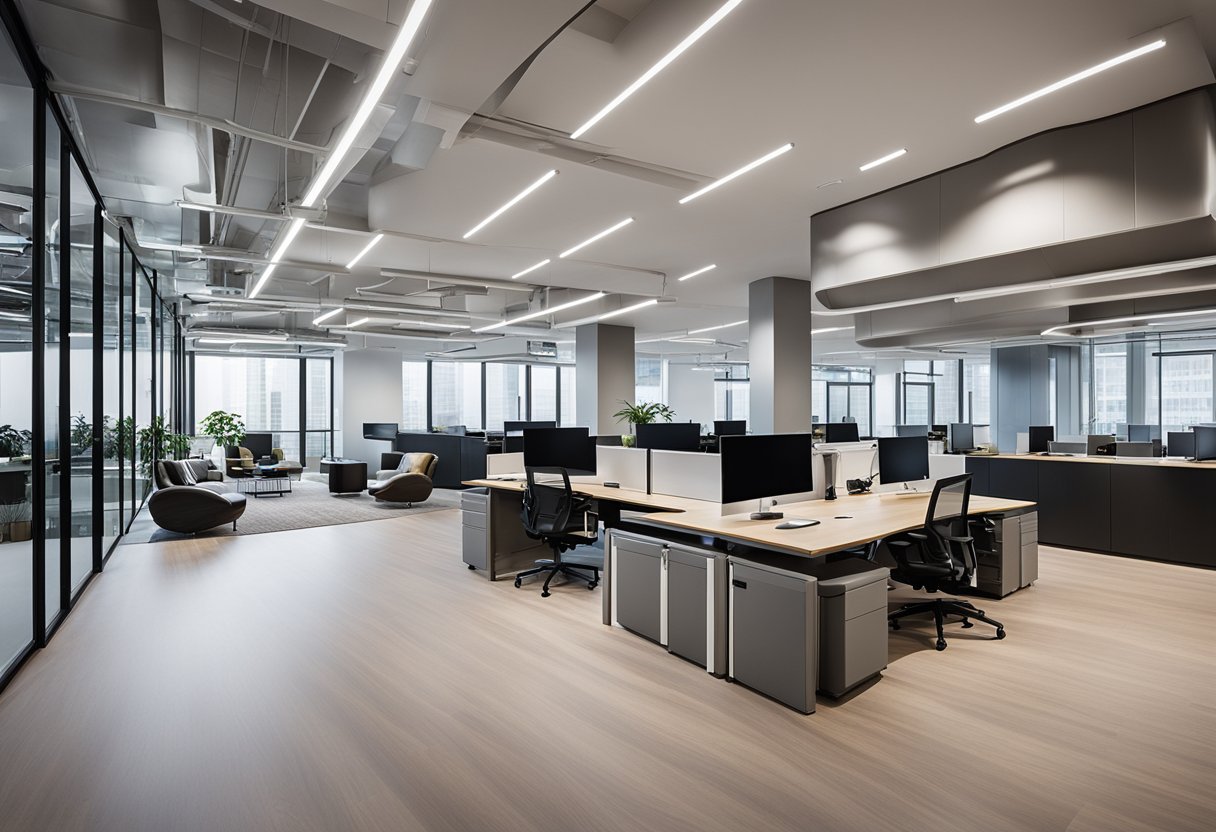 A modern office space with a blend of traditional and contemporary design elements, featuring open work areas, collaborative zones, and tech-integrated meeting spaces