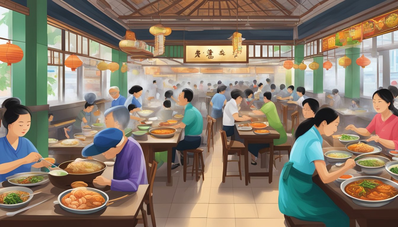 A bustling Teochew restaurant in Bedok, with steaming hot pots, sizzling woks, and colorful dishes lining the tables. The aroma of fresh seafood and aromatic spices fills the air