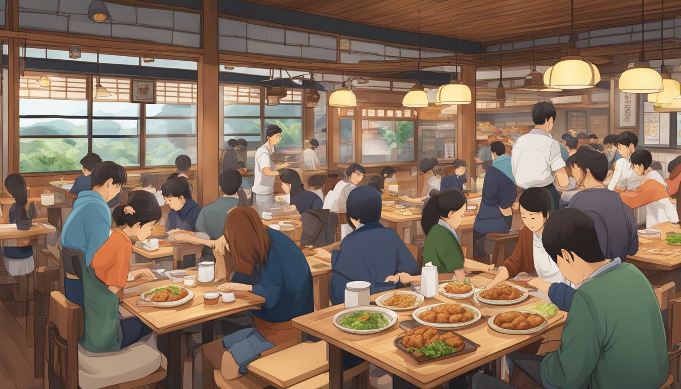 A busy tonkatsu restaurant with sizzling fryers, wooden tables, and customers enjoying crispy pork cutlets and savory sauces