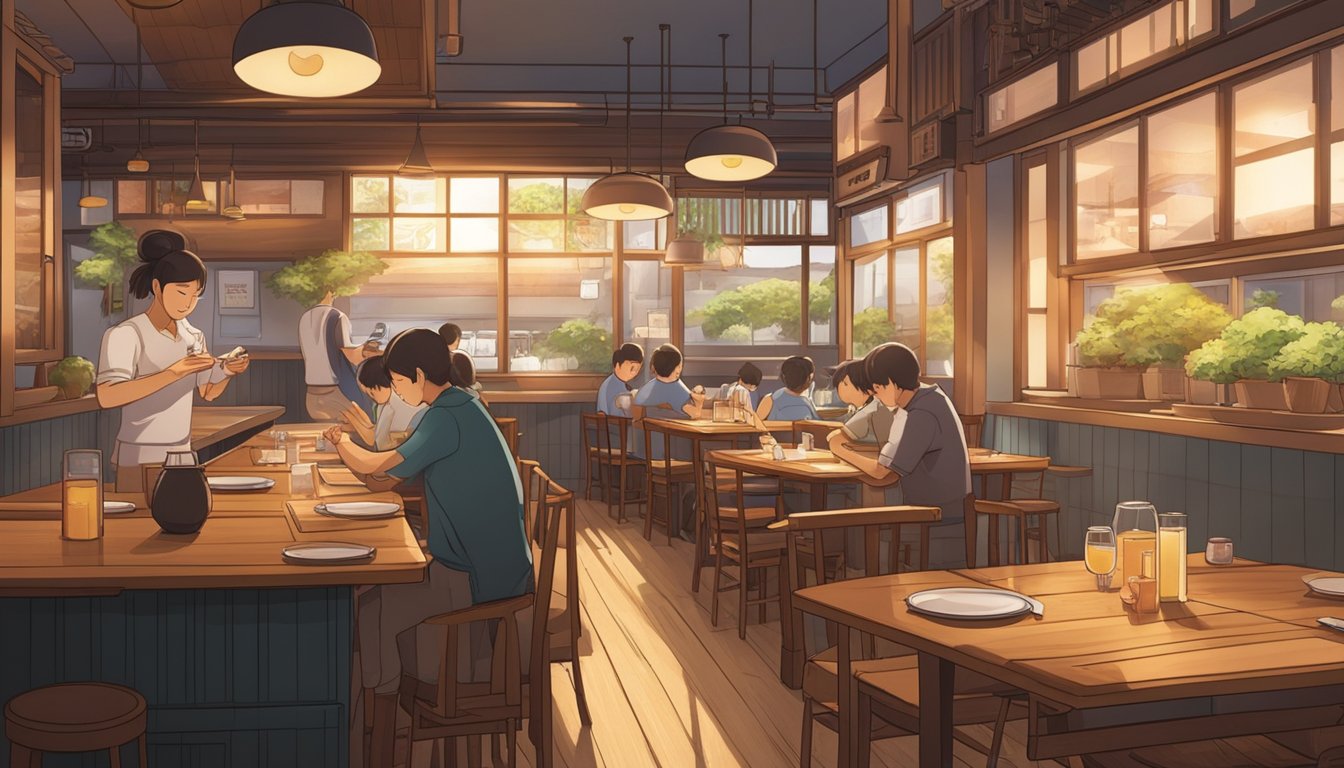 A cozy tonkatsu restaurant with warm lighting, wooden tables, and a bustling open kitchen. The aroma of sizzling pork cutlets fills the air as diners enjoy their meals