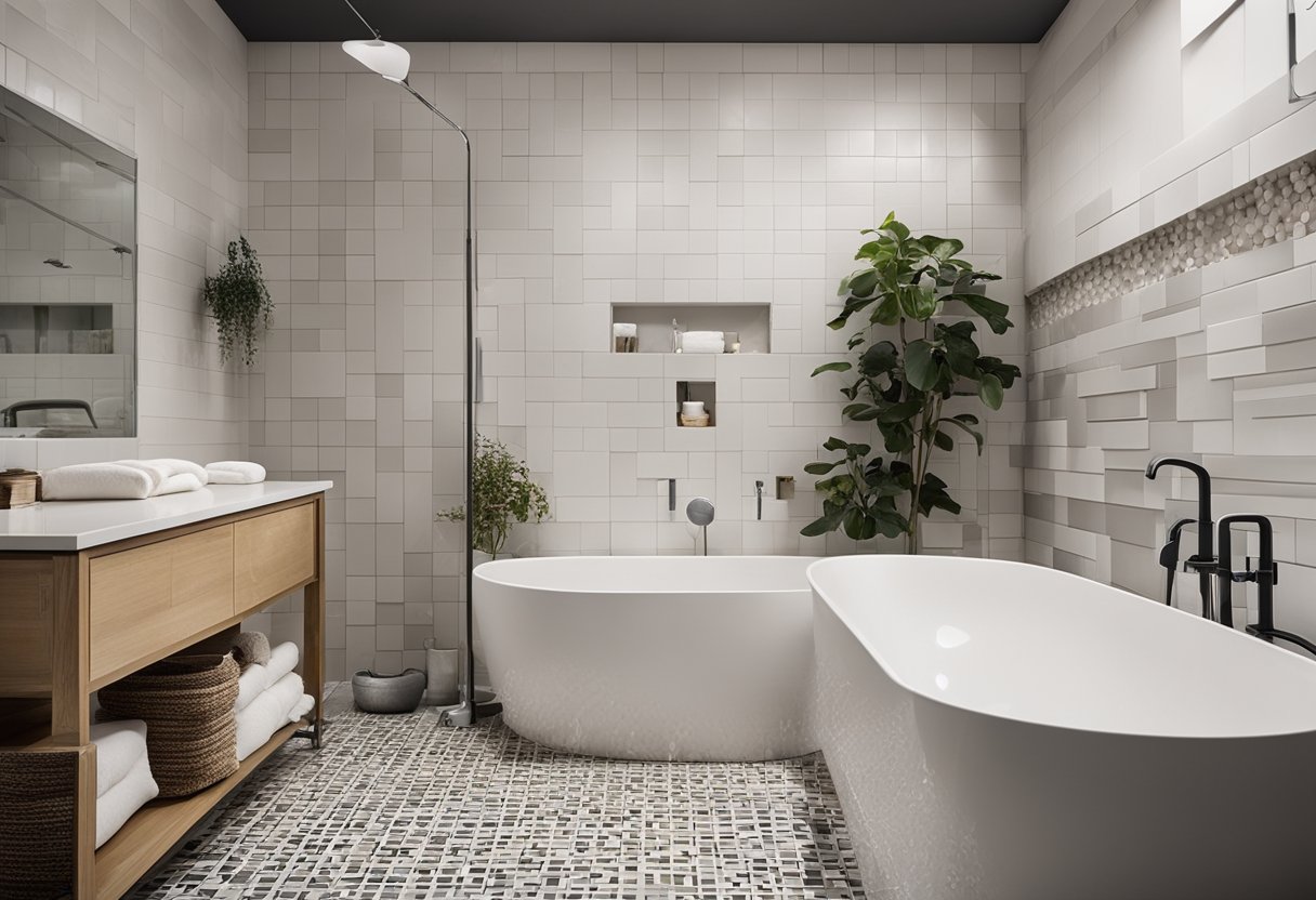 A bathroom with new tiles, modern fixtures, and fresh paint. A contractor's tools and materials are neatly organized around the room