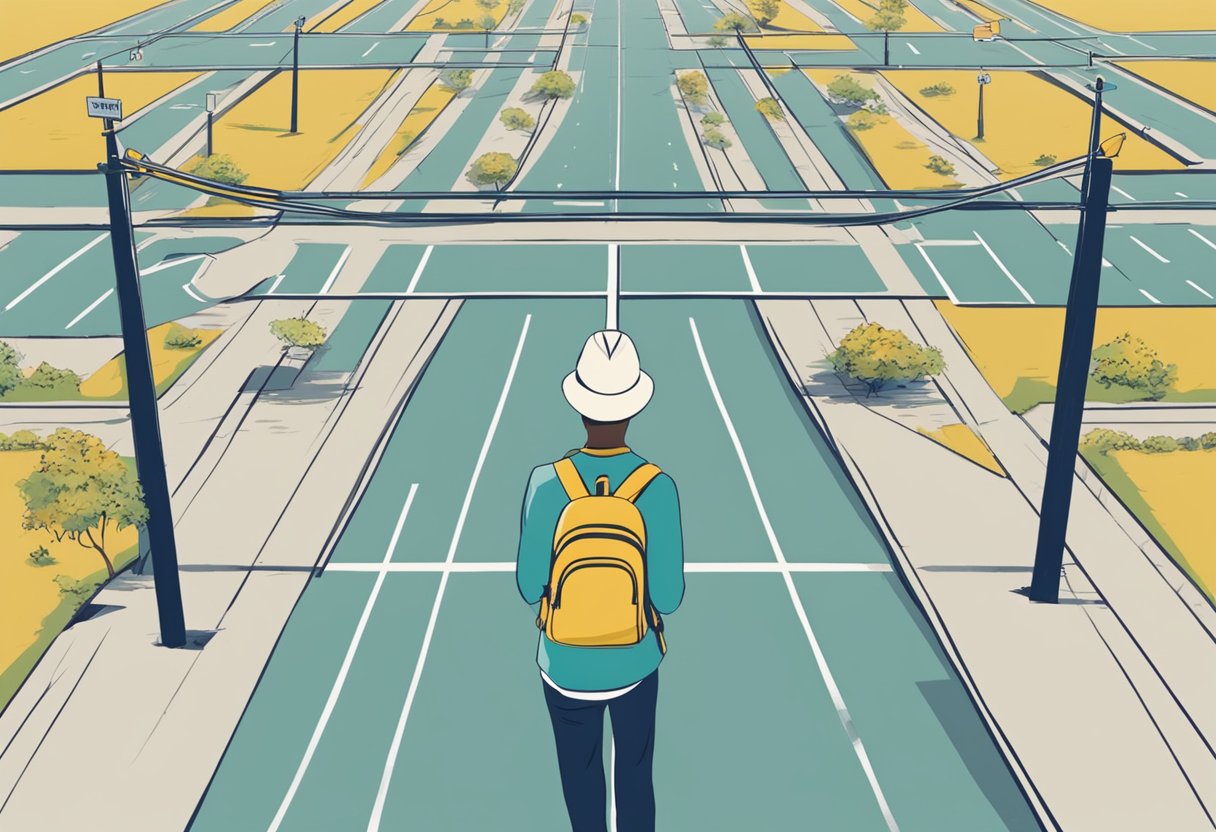 A student stands at a crossroads, with signs pointing to different college paths. Each path is lined with obstacles and opportunities, symbolizing the challenges and choices of the first year of college