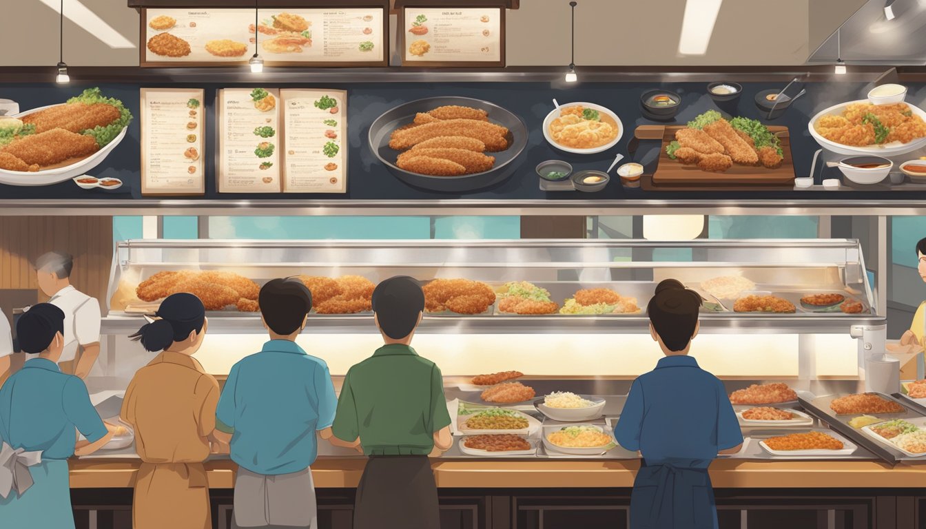 A bustling tonkatsu restaurant with a line of hungry customers, sizzling pork cutlets being fried in the kitchen, and a menu board displaying various tonkatsu options