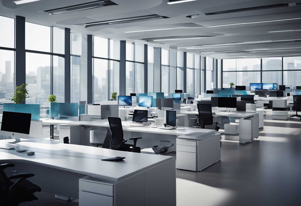 Sleek glass desks, ergonomic chairs, and futuristic computer monitors fill the open office space. LED lighting and minimalistic decor create a high-tech atmosphere
