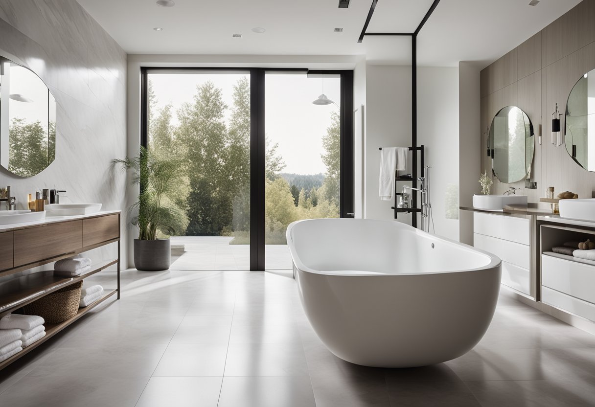 A spacious, modern bathroom with a sleek freestanding bathtub, a large walk-in shower, and luxurious marble countertops. The room is filled with natural light from a large window, and the walls are painted in a calming, neutral color palette