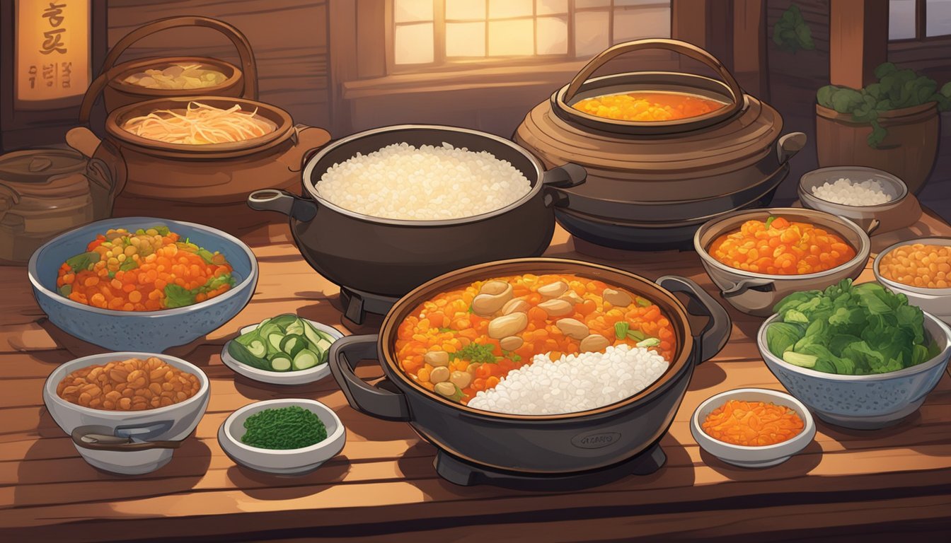 A steaming pot of bubbling dal sits on a rustic wooden table, surrounded by colorful dishes of kimchi, pickled vegetables, and steamed rice. The warm glow of lanterns and the aroma of spices fill the cozy Korean restaurant