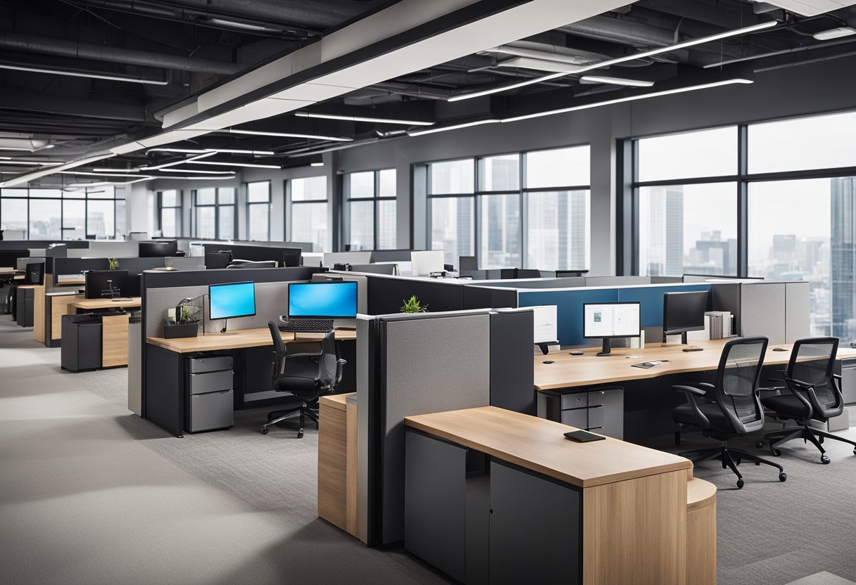 Open office layout with modular workstations, collaborative meeting areas, and integrated technology for seamless communication and productivity