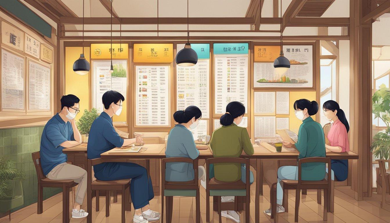 Customers reading FAQ board in Korean restaurant