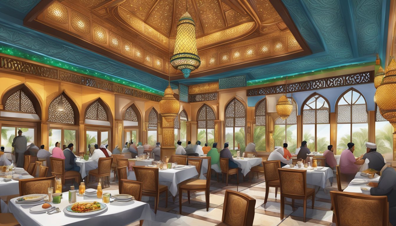 The bustling Al Falah Barakah restaurant, filled with colorful decor and the aroma of exotic spices