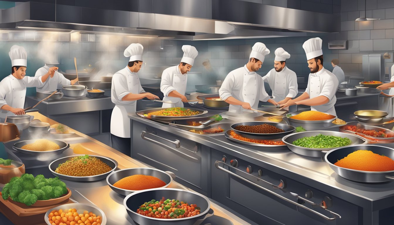 A bustling restaurant kitchen with sizzling pans, aromatic spices, and colorful ingredients being skillfully prepared by chefs