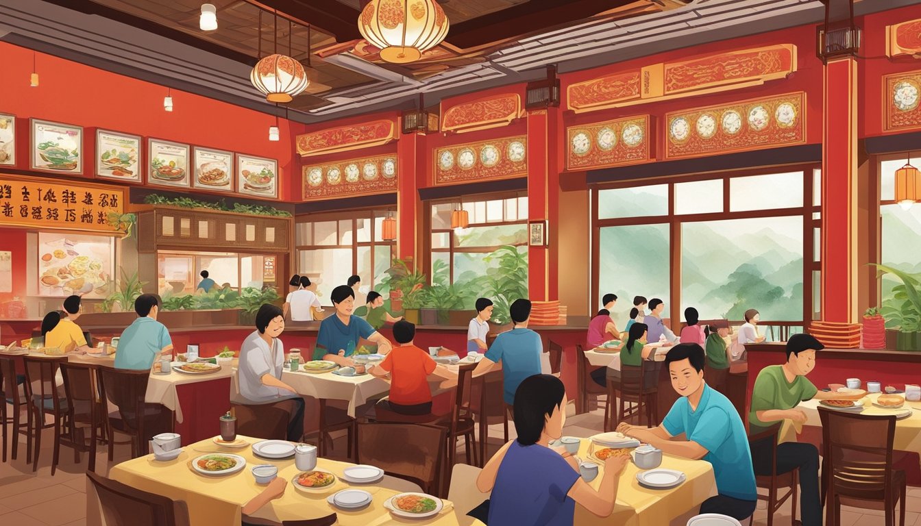 A bustling Teochew restaurant in Bedok, filled with diners enjoying steaming hot pots, fresh seafood, and traditional Teochew dishes. Vibrant red and gold decor adorns the walls, while the aroma of flavorful soups and s