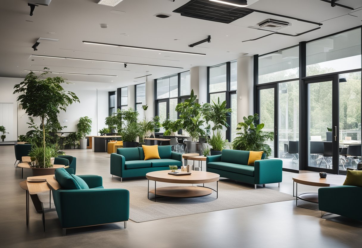A spacious, well-lit office with open floor plan, comfortable seating, and vibrant greenery. Modern, sleek furniture and inclusive signage promote a welcoming, inclusive atmosphere for all