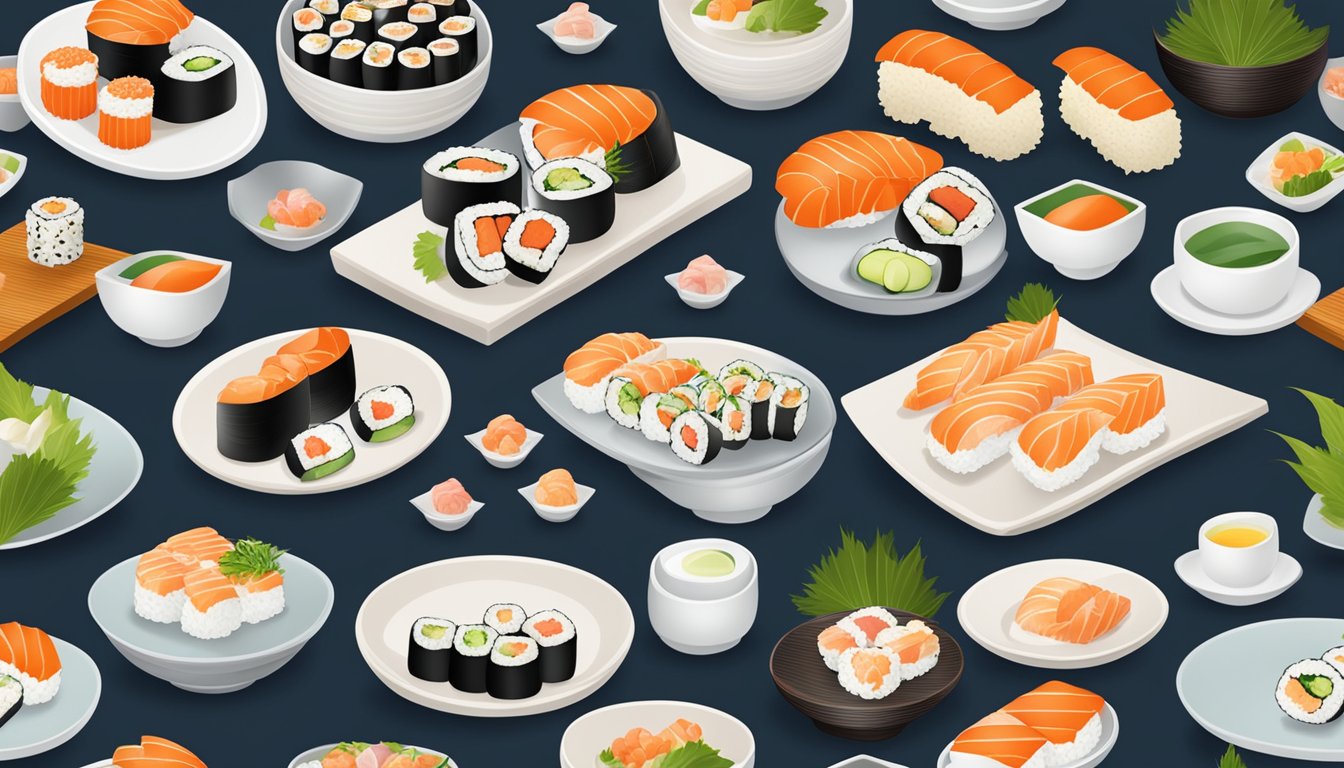 A table set with elegant dishes and delicate sushi rolls at Yuzu Japanese Restaurant