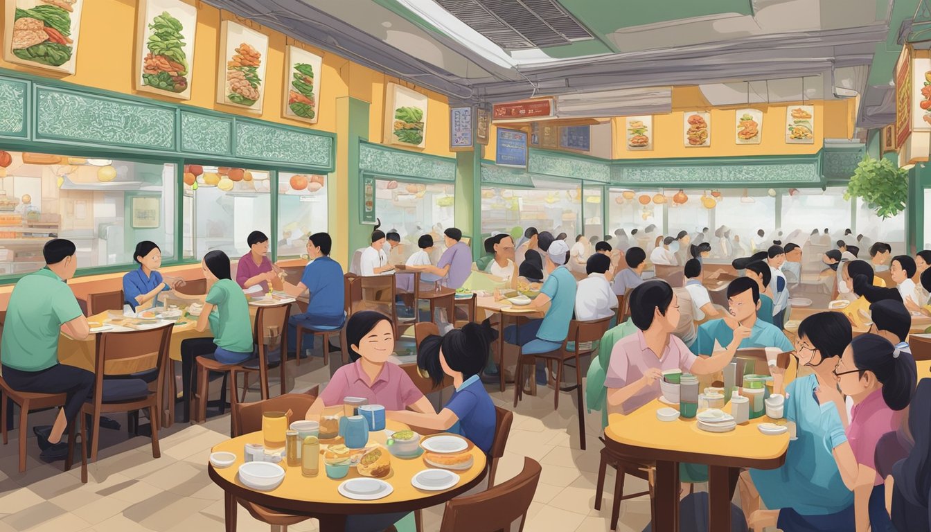 A bustling Teochew restaurant in Bedok, filled with diners enjoying traditional cuisine and lively conversations. The aroma of steaming hot dishes fills the air as waitstaff move swiftly between tables