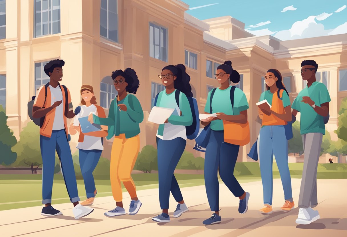A group of students engage in various extracurricular activities on a college campus, such as sports, clubs, and volunteer work, showcasing the diverse opportunities available to them
