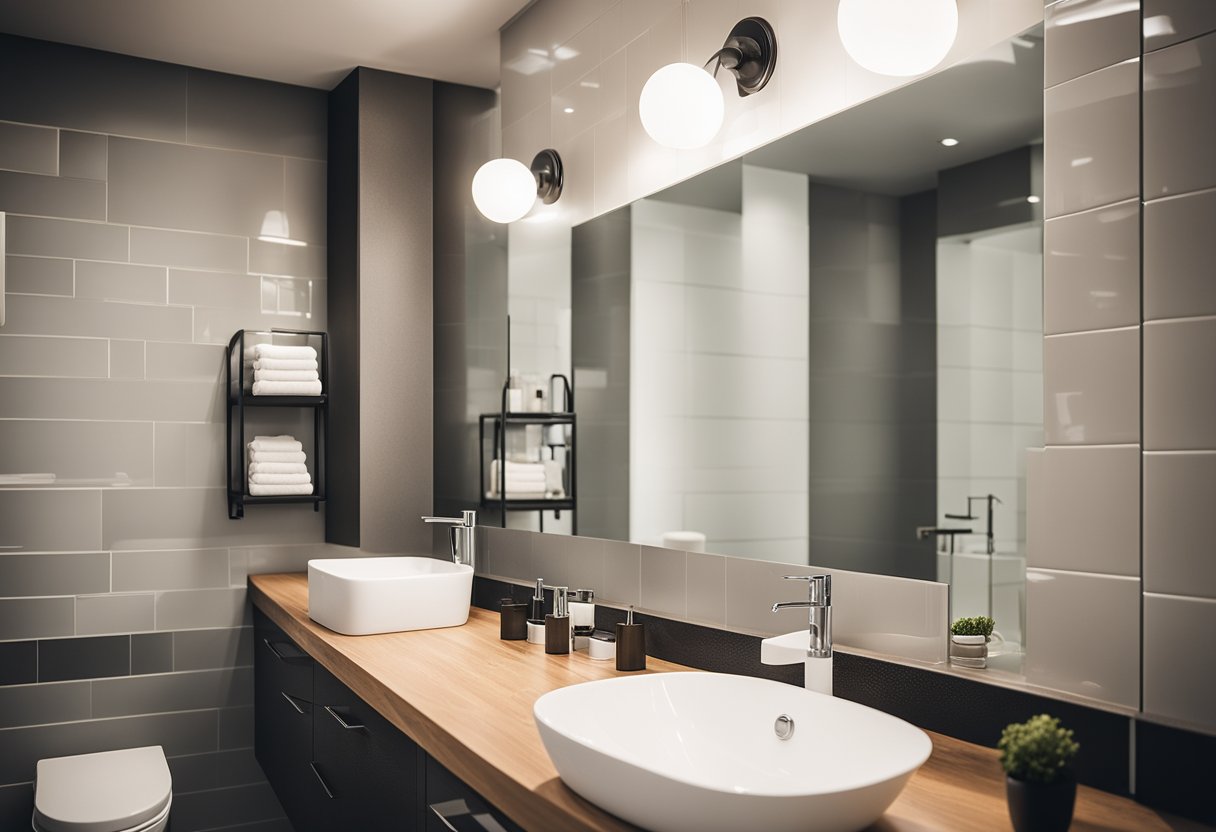 A bathroom with various renovation package options displayed on a table, including different fixtures, tiles, and color swatches