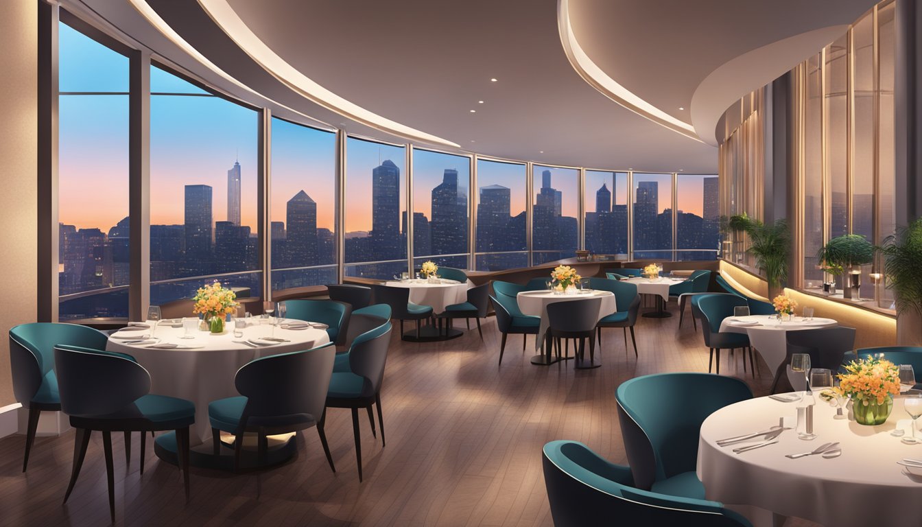 The elegant Arc Restaurant features a modern, minimalist interior with sleek lines, soft lighting, and panoramic views of the city skyline