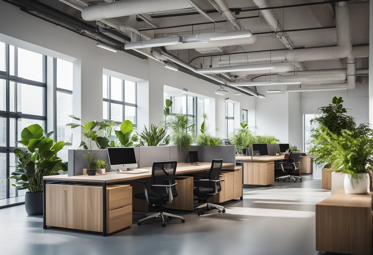 A spacious, well-lit office with sleek modern furniture, large windows, and green plants. Clean, minimalist design with pops of color and natural wood accents