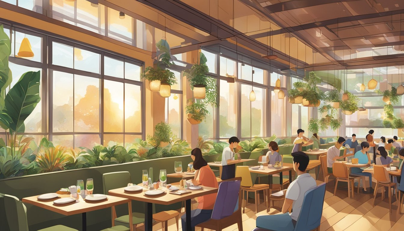 A bustling vegetarian restaurant in Suntec, with colorful decor and a variety of plant-based dishes on the tables. The sun streams in through large windows, casting a warm glow over the space